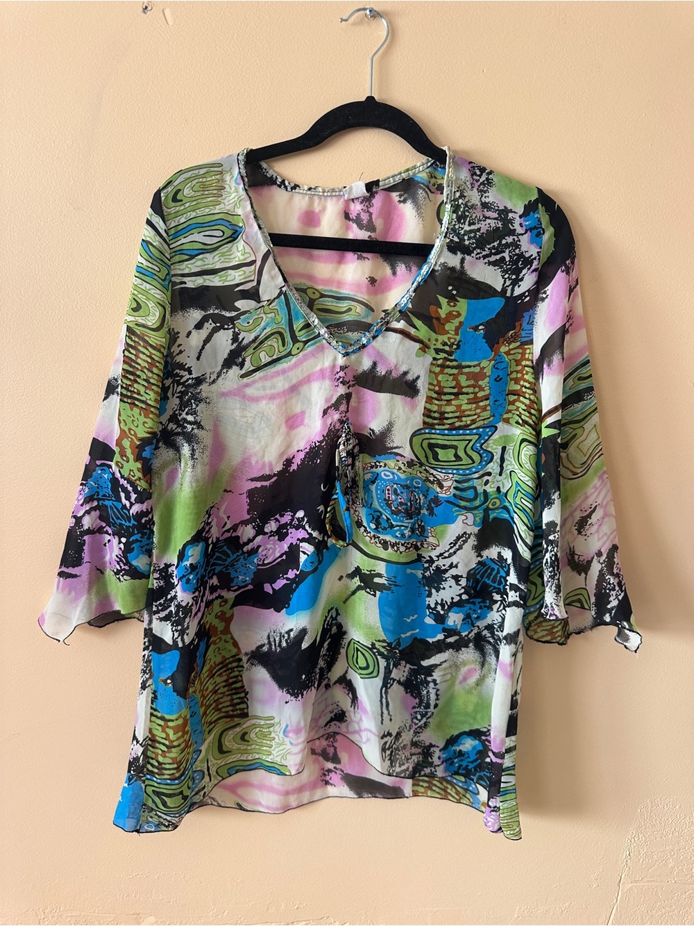 Abstract Print Vintage Boho Flowy Bell Sleeve Blouse